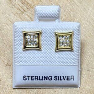 🆕.925 STERLING SILVER SQUARE KITE SHAPED MICO PAVE GOLD STUD EARRINGS - UNISEX
